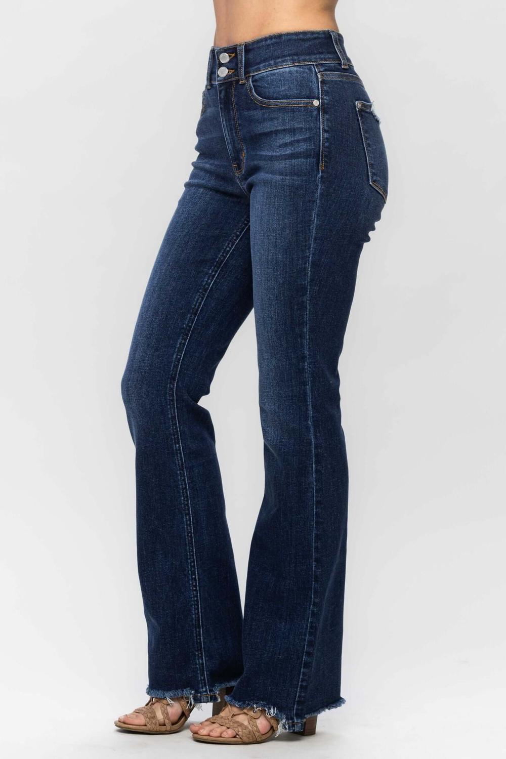 thumbnail image 2 of Women's High Waist Flared Stretch Denim Jeans With Frayed Hem – Bootcut, Sizes 10-22 2 of 5