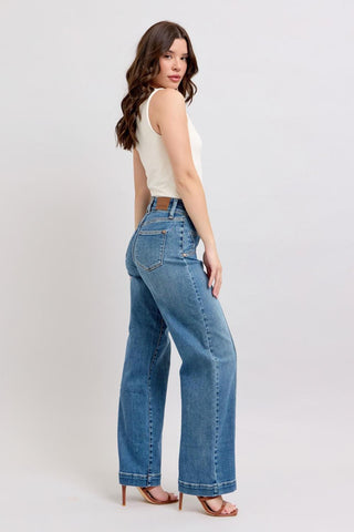 Judy Blue High Waist Double Button Star & Front Seam Detail Wide Leg Denim Jeans 88957