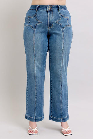 Judy Blue High Waist Double Button Star & Front Seam Detail Wide Leg Denim Jeans 88957