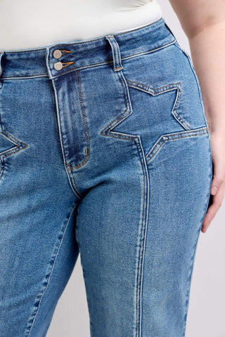 Judy Blue High Waist Double Button Star & Front Seam Detail Wide Leg Denim Jeans 88957