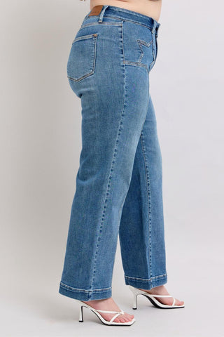 Judy Blue High Waist Double Button Star & Front Seam Detail Wide Leg Denim Jeans 88957
