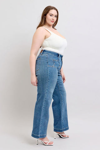 Judy Blue High Waist Double Button Star & Front Seam Detail Wide Leg Denim Jeans 88957