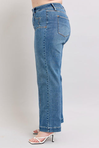 Judy Blue High Waist Double Button Star & Front Seam Detail Wide Leg Denim Jeans 88957