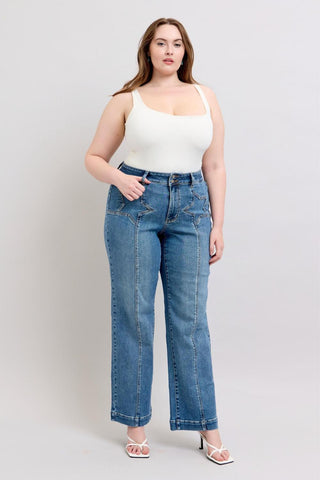 Judy Blue High Waist Double Button Star & Front Seam Detail Wide Leg Denim Jeans 88957