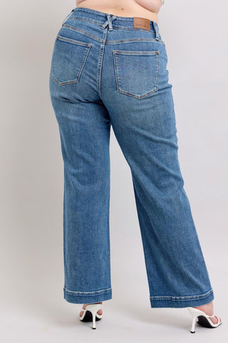 Judy Blue High Waist Double Button Star & Front Seam Detail Wide Leg Denim Jeans 88957