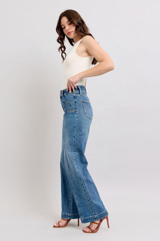Judy Blue High Waist Double Button Star & Front Seam Detail Wide Leg Denim Jeans 88957