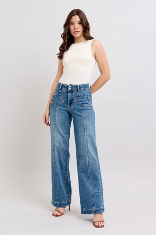 Judy Blue High Waist Double Button Star & Front Seam Detail Wide Leg Denim Jeans 88957