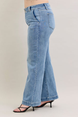 Judy Blue High Waist Double Button Trouser Wide Leg Denim Jeans 82675