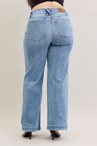Judy Blue High Waist Double Button Trouser Wide Leg Denim Jeans 82675
