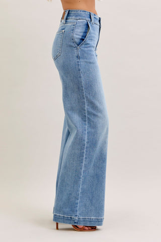 Judy Blue High Waist Double Button Trouser Wide Leg Denim Jeans 82675