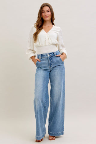 Judy Blue High Waist Double Button Trouser Wide Leg Denim Jeans 82675