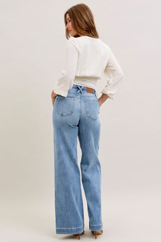 Judy Blue High Waist Double Button Trouser Wide Leg Denim Jeans 82675