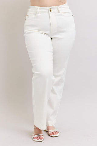 Judy Blue High Waist Double Button Waistband & Coin Pocket Embroidery White Wide Leg Denim Jeans 88969