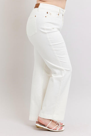 Judy Blue High Waist Double Button Waistband & Coin Pocket Embroidery White Wide Leg Denim Jeans 88969