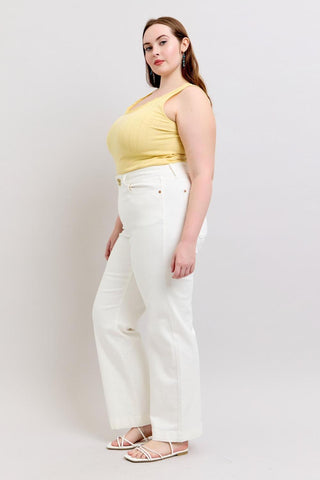 Judy Blue High Waist Double Button Waistband & Coin Pocket Embroidery White Wide Leg Denim Jeans 88969