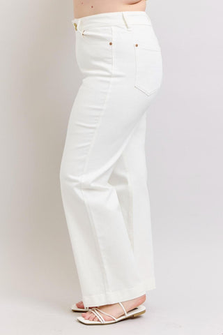 Judy Blue High Waist Double Button Waistband & Coin Pocket Embroidery White Wide Leg Denim Jeans 88969
