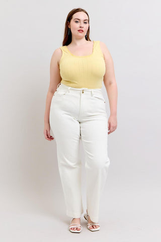 Judy Blue High Waist Double Button Waistband & Coin Pocket Embroidery White Wide Leg Denim Jeans 88969