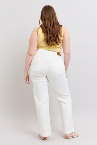 Judy Blue High Waist Double Button Waistband & Coin Pocket Embroidery White Wide Leg Denim Jeans 88969