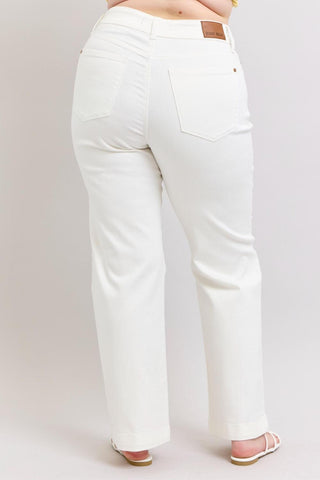 Judy Blue High Waist Double Button Waistband & Coin Pocket Embroidery White Wide Leg Denim Jeans 88969
