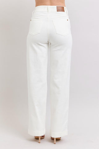 Judy Blue High Waist Double Button Waistband & Coin Pocket Embroidery White Wide Leg Denim Jeans 88969