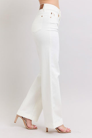 Judy Blue High Waist Double Button Waistband & Coin Pocket Embroidery White Wide Leg Denim Jeans 88969