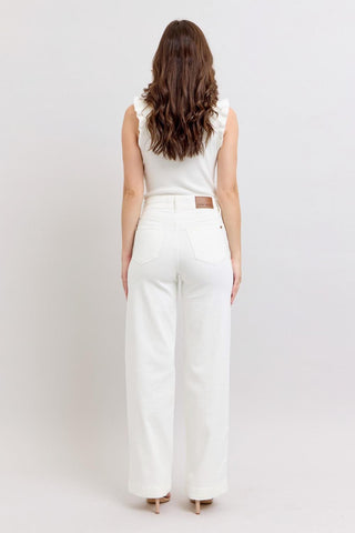 Judy Blue High Waist Double Button Waistband & Coin Pocket Embroidery White Wide Leg Denim Jeans 88969