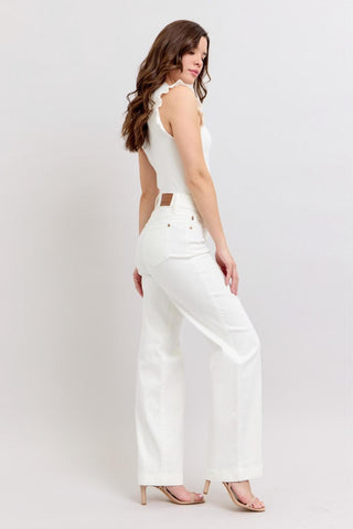 Judy Blue High Waist Double Button Waistband & Coin Pocket Embroidery White Wide Leg Denim Jeans 88969