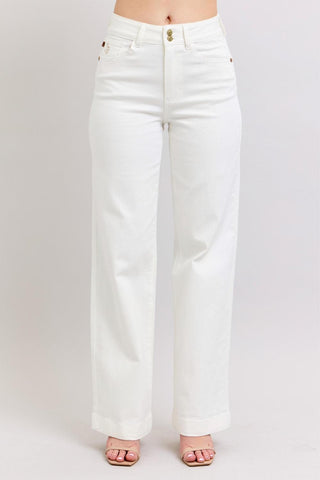 Judy Blue High Waist Double Button Waistband & Coin Pocket Embroidery White Wide Leg Denim Jeans 88969