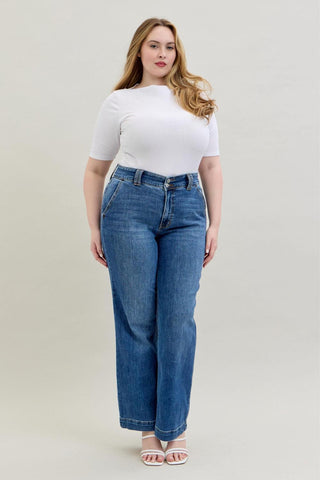 Judy Blue High Waist Double Button Wide Leg Denim Jeans 82558