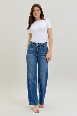 Judy Blue High Waist Double Button Wide Leg Denim Jeans 82558