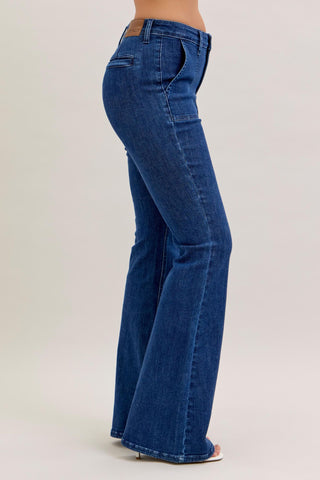 Judy Blue High Waist Front Patch & Welt Pockets Flare Denim Jeans 881025