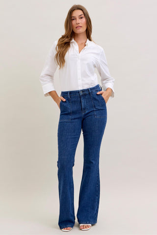 Judy Blue High Waist Front Patch & Welt Pockets Flare Denim Jeans 881025