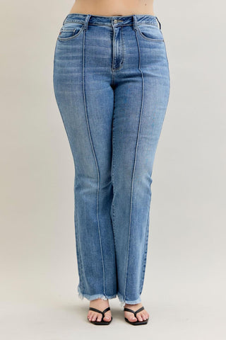 Judy Blue High Waist Front Pintuck Detail & Fray Hem Flare Denim Jeans 82687
