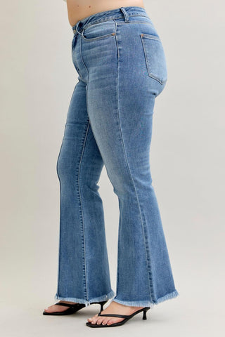 Judy Blue High Waist Front Pintuck Detail & Fray Hem Flare Denim Jeans 82687