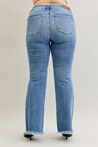 Judy Blue High Waist Front Pintuck Detail & Fray Hem Flare Denim Jeans 82687