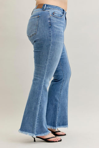 Judy Blue High Waist Front Pintuck Detail & Fray Hem Flare Denim Jeans 82687