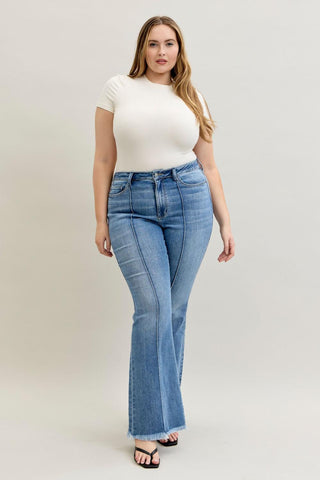 Judy Blue High Waist Front Pintuck Detail & Fray Hem Flare Denim Jeans 82687