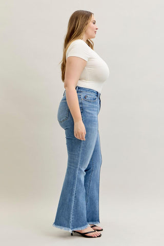 Judy Blue High Waist Front Pintuck Detail & Fray Hem Flare Denim Jeans 82687