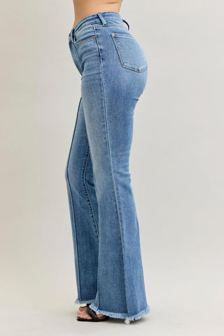 Judy Blue High Waist Front Pintuck Detail & Fray Hem Flare Denim Jeans 82687