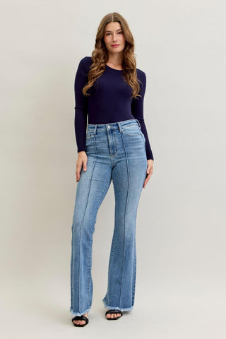 Judy Blue High Waist Front Pintuck Detail & Fray Hem Flare Denim Jeans 82687