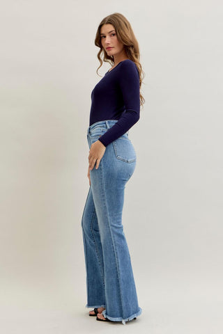 Judy Blue High Waist Front Pintuck Detail & Fray Hem Flare Denim Jeans 82687