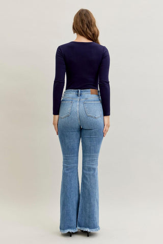 Judy Blue High Waist Front Pintuck Detail & Fray Hem Flare Denim Jeans 82687