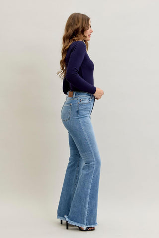Judy Blue High Waist Front Pintuck Detail & Fray Hem Flare Denim Jeans 82687