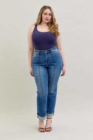 Judy Blue High Waist Front Seam Detail & Cuffed Straight Denim Jeans 82571