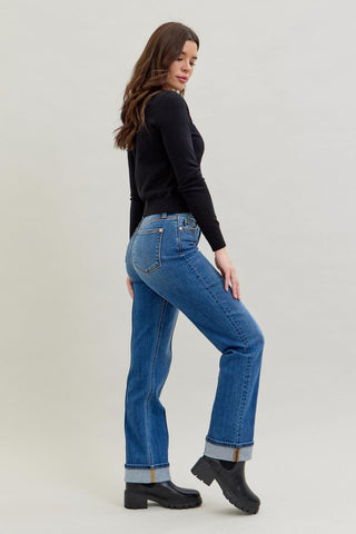 Judy Blue High Waist Front Seam Detail & Cuffed Straight Denim Jeans 82571