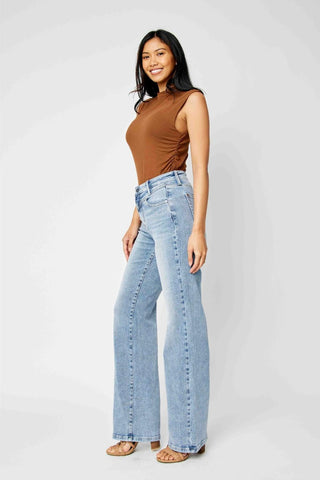 Judy Blue High Waist Front Yoke Retro Wide Leg Denim Jeans 88673