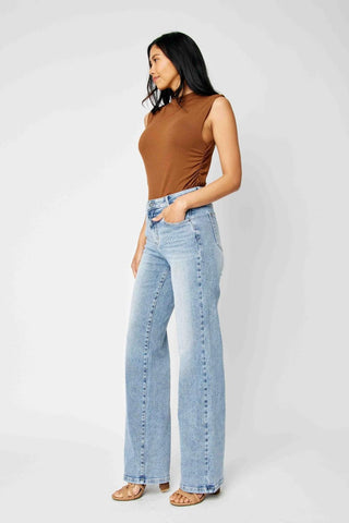 Judy Blue High Waist Front Yoke Retro Wide Leg Denim Jeans 88673