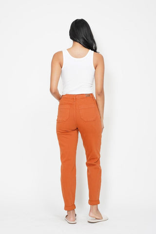 Judy Blue High Waist Garment Dyed Auburn Orange Double Cuff Jogger Denim Jeans 88911