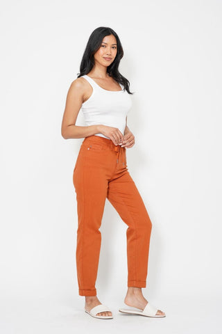 Judy Blue High Waist Garment Dyed Auburn Orange Double Cuff Jogger Denim Jeans 88911