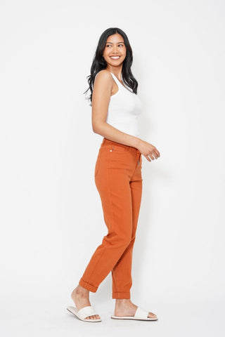 Judy Blue High Waist Garment Dyed Auburn Orange Double Cuff Jogger Denim Jeans 88911